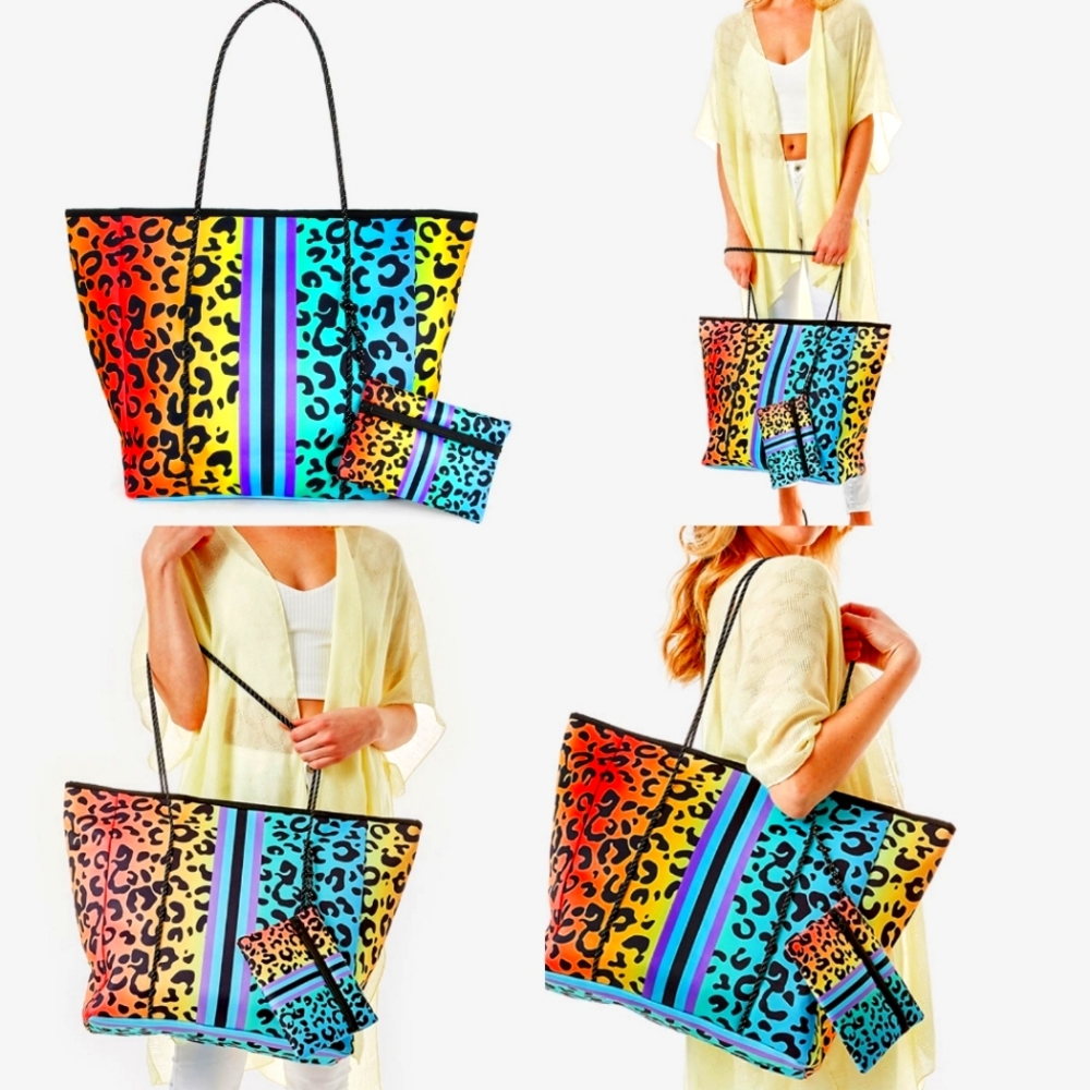 Rainbow Leopard Patterned Beach Tote 2pc Set